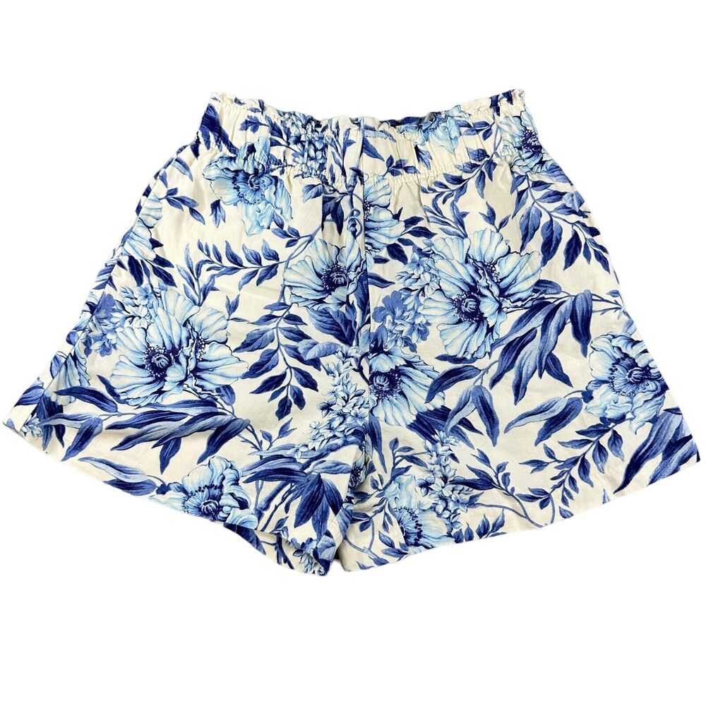 H&M Size Small Blue Off White Floral Linen Blend Elastic‎ Waist Pockets Shorts